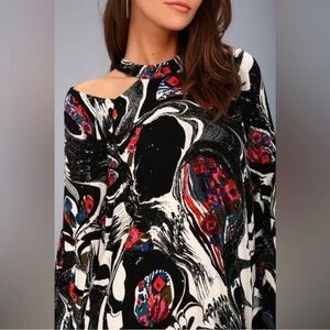 NWT Cold Shoulder Dress Artsy, Flowy Mini Bold Print Whimsygoth, Free People S